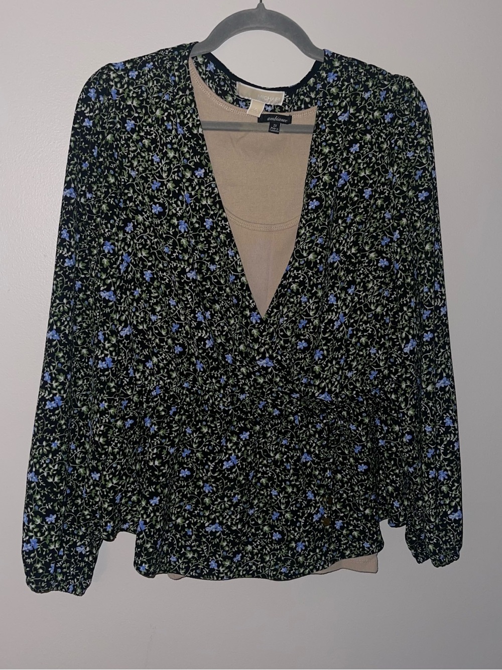 MICHAEL Michael Kors Black Floral Wrap Blouse with Blue and Green Print
